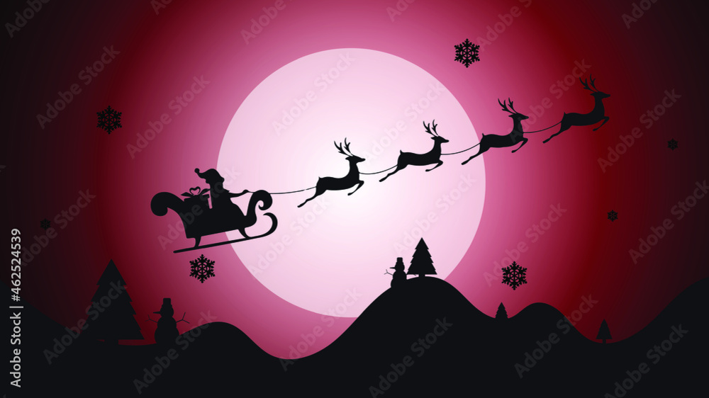 Santa Riding In Sledge With Reindeer.abstract pastel paper cut illustration of winter landscape with cloud.Bright moon and shooting star.Winter mountain Christmas landscape with fir tree and snowflake