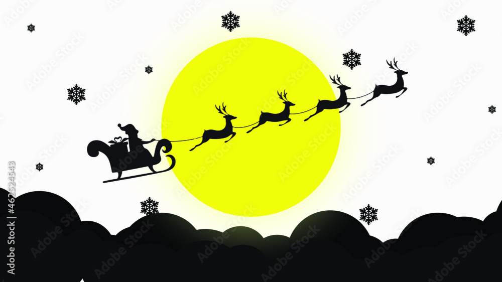 Santa Riding In Sledge With Reindeer.abstract pastel paper cut illustration of winter landscape with cloud.Bright moon and shooting star.Winter mountain Christmas landscape with fir tree and snowflake