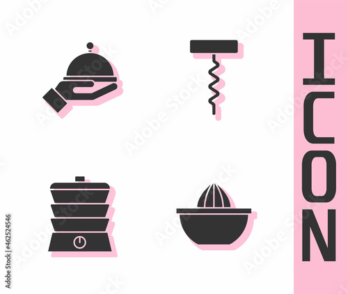 Set Citrus fruit juicer, Covered with tray, Slow cooker and Wine corkscrew icon. Vector