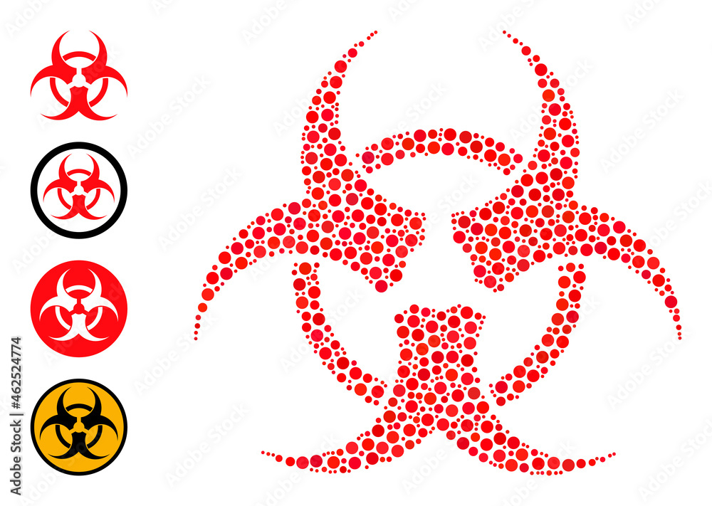 Round dot collage bio hazard. Vector collage is based on bio hazard icon, and composed of randomized round parts. Vector icon of bio hazard composed of scattered circle elements. Round dot collage bio hazard. Vector collage is based on bio hazard icon, and composed of randomized round parts. Vector icon of bio hazard composed of scattered circle elements.