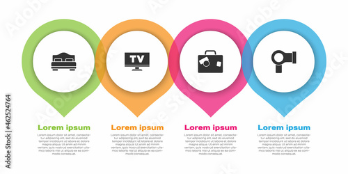 Set Hotel room bed, Smart Tv, Suitcase and Hair dryer. Business infographic template. Vector