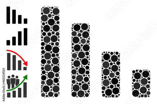 Round dot combination descending bar chart. Vector mosaic is based on descending bar chart icon, and designed of scattered round parts.