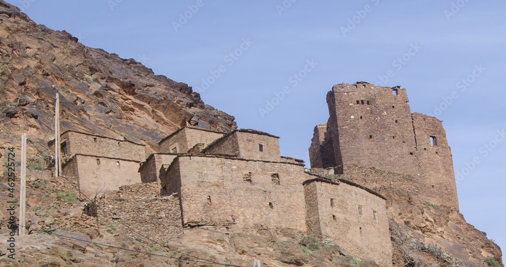 castle and village, in high atlas mountains morocco. the use of this kind of castle in the high mountains is to protect the goods of the villagers,