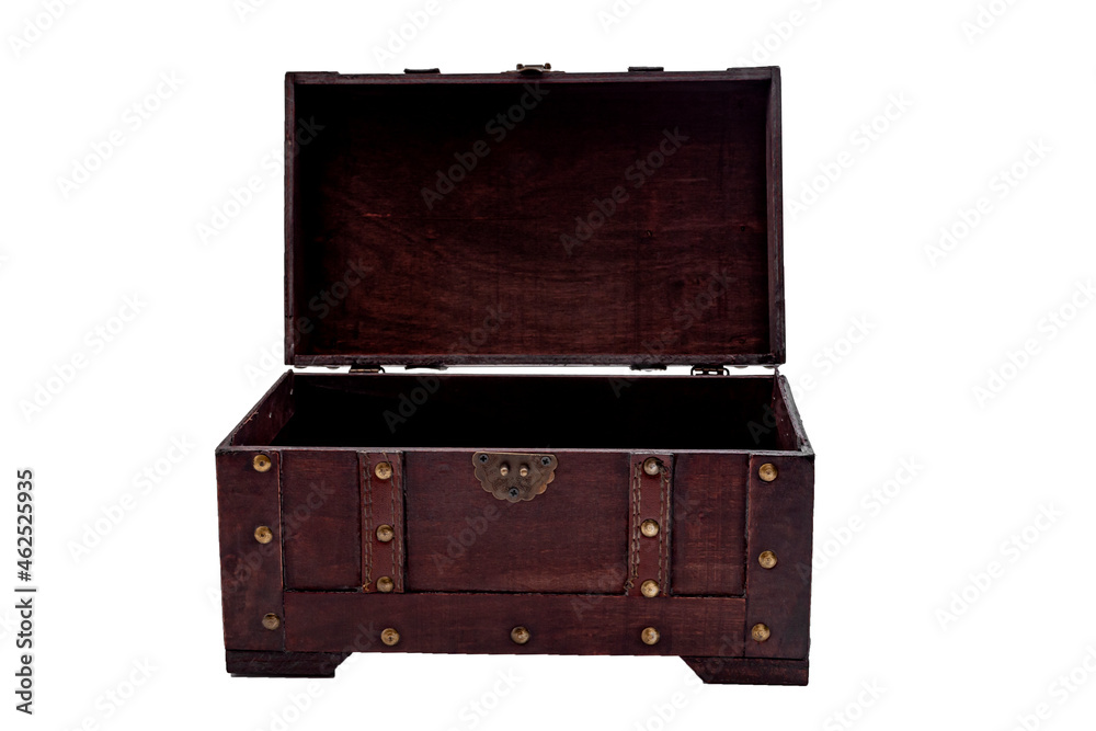 Secure storage, precious cargo and secret treasure concept with open ornate wooden pirate chest isolated on white background with clipping path cutout