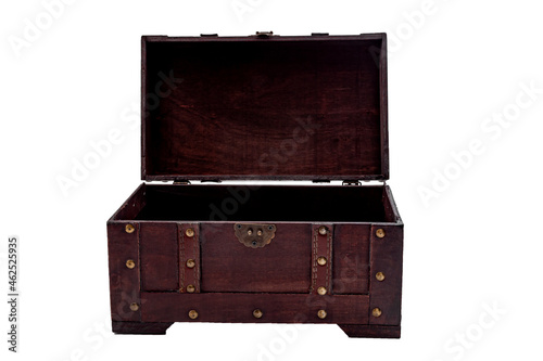 Obraz na płótnie Secure storage, precious cargo and secret treasure concept with open ornate wooden pirate chest isolated on white background with clipping path cutout w salonie