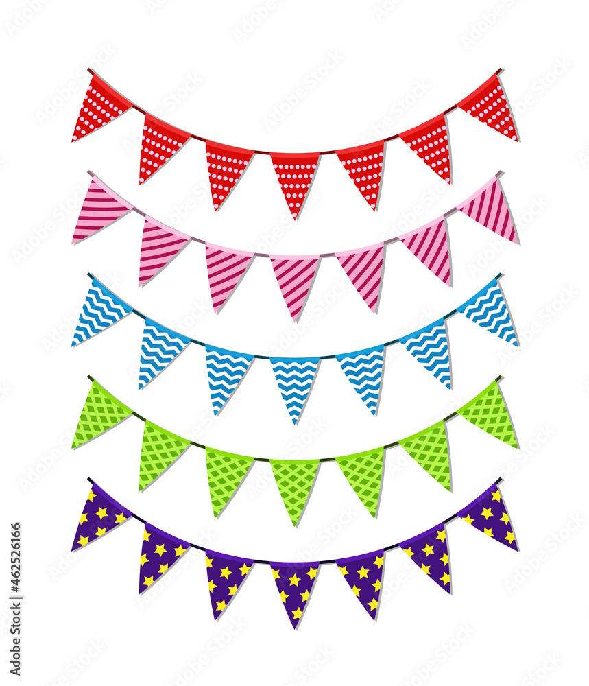 Obraz premium Set of bright festive paper garlands in the form of triangles. Vector elements for design.
