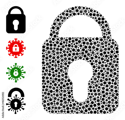 Circle mosaic locked. Vector mosaic is based on locked symbol, and organized of randomized spheric elements. Vector icon of locked created of random circle dots.