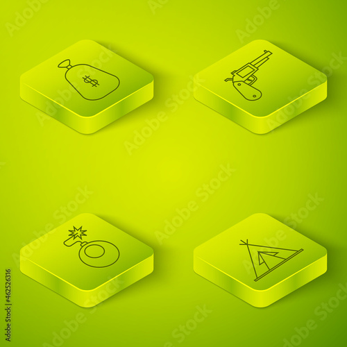 Set Isometric Revolver gun, Bomb ready to explode, Indian teepee or wigwam and Money bag icon. Vector