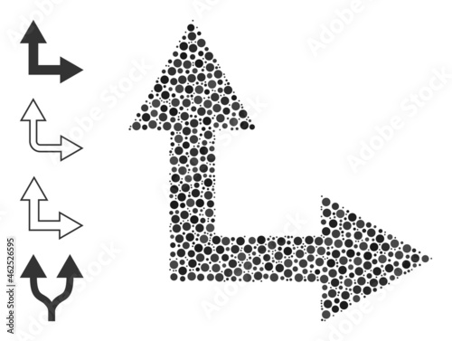 Round dot combination bifurcation arrow right up. Vector mosaic is based on bifurcation arrow right up icon, and composed of randomized round parts.