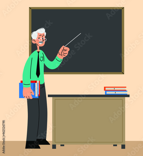 Teacher pointing on a blackboard in front of the class flat vector illustration
