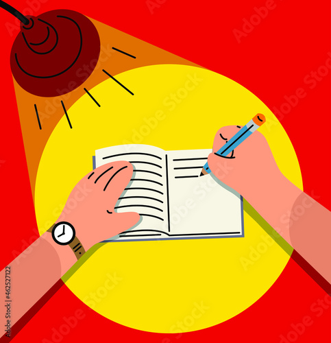 Hand writing on a book under a bright desk lamp vector illustration