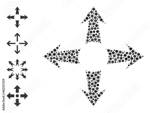 Round dot collage expand arrows. Vector collage is based on expand arrows icon, and composed of random spheric elements. Vector icon of expand arrows formed of random spheric pixels.