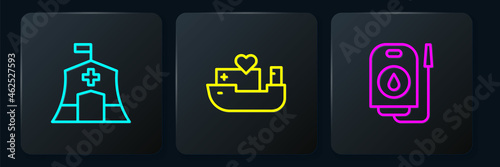 Set line Emergency medical tent, Blood donation and Humanitarian ship. Black square button. Vector