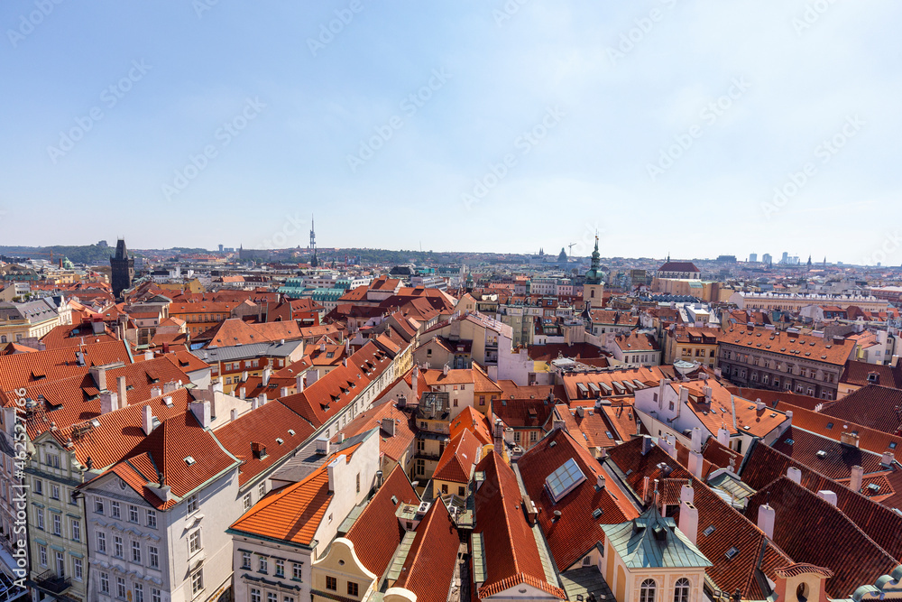 Beautiful morning view of Prague from the Astronomical Clock in Czechia.