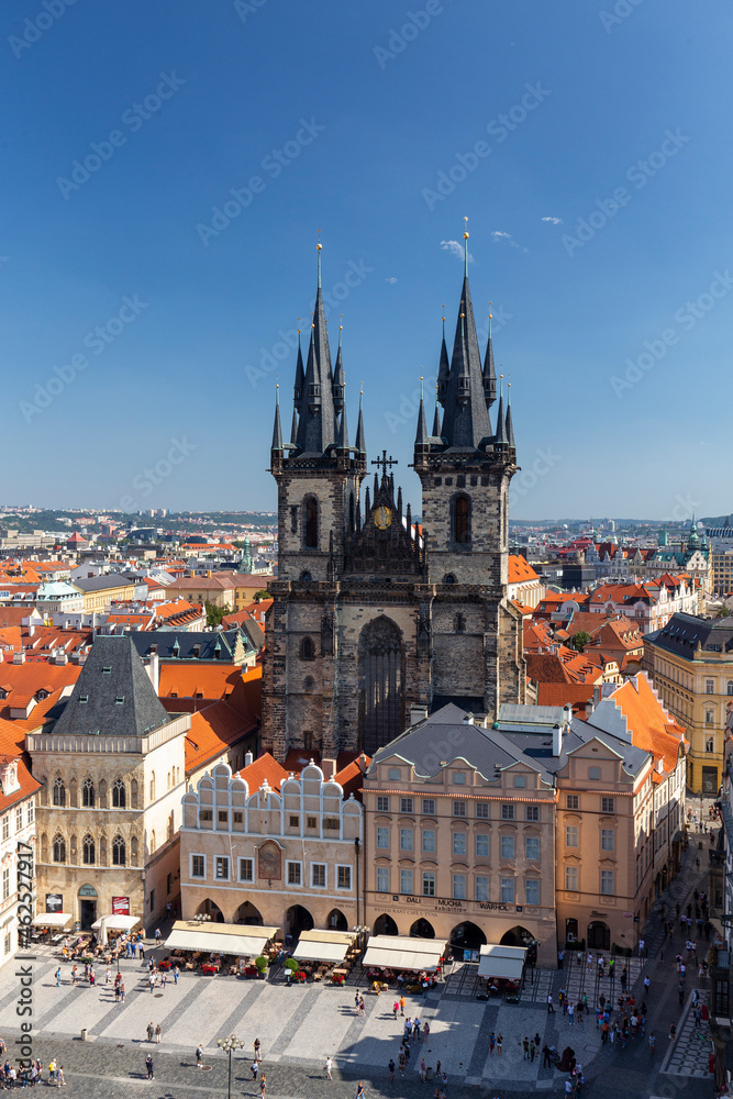 Landscape view of the old town square and the Church of our Lady Before Tyn from the Astronomical Clock in Prague.