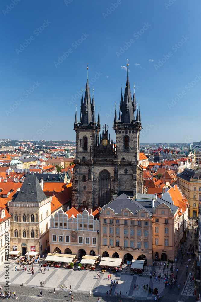 Fototapeta premium Landscape view of the old town square and the Church of our Lady Before Tyn from the Astronomical Clock in Prague.