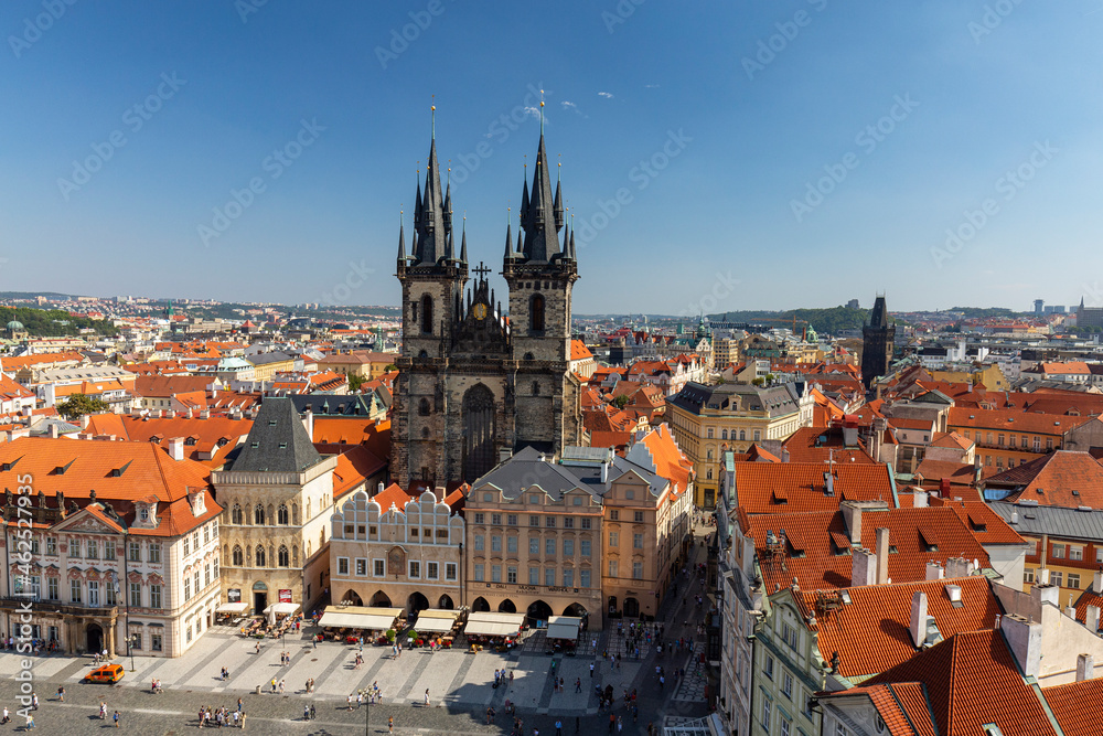 Landscape view of the old town square and the Church of our Lady Before Tyn from the Astronomical Clock in Prague.