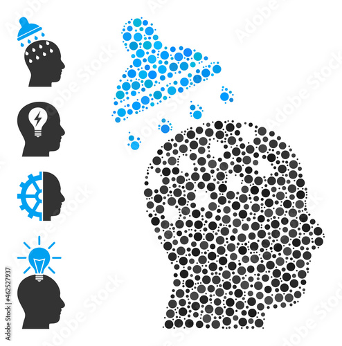 Circle combination brain washing. Vector mosaic is based on brain washing icon, and made of random circle elements. Vector icon of brain washing combined of irregular spheric pixels.