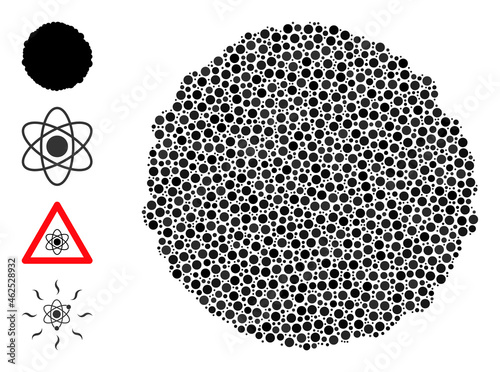 Circle collage core. Vector collage is based on core icon, and constructed with randomized spheric items. Vector icon of core composed of scattered spheric items.
