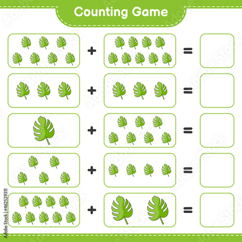 Counting game  count the number of Monstera and write the result. Educational children game  printable worksheet  vector illustration