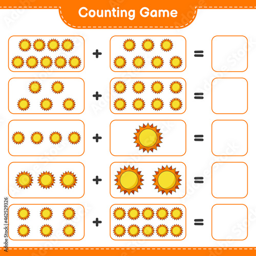 Counting game, count the number of Sun and write the result. Educational children game, printable worksheet, vector illustration