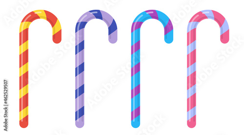 Candy cane sweet striped colorful cartoon christmas set. Design for greeting card on Christmas and New Year. Realistic xmas candy cane bonbon isolated on white background. Vector illustration