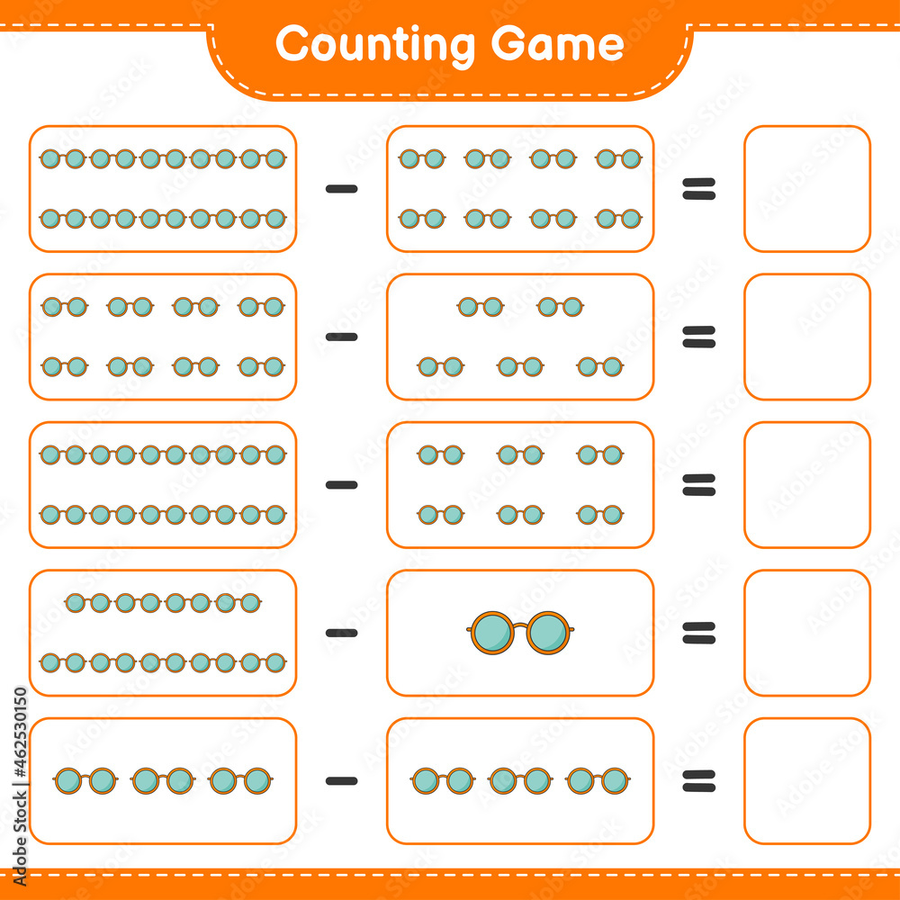 Counting game, count the number of Sunglasses and write the result. Educational children game, printable worksheet, vector illustration