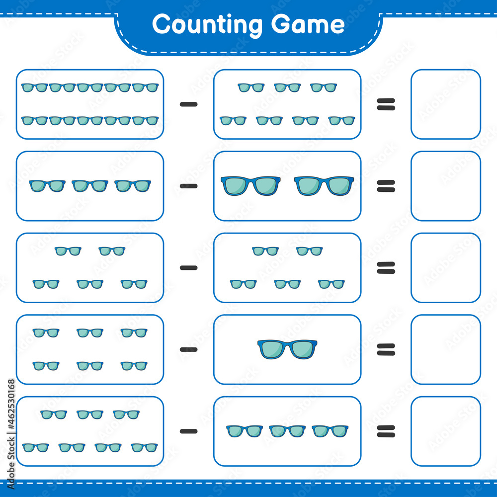 Counting game, count the number of Sunglasses and write the result. Educational children game, printable worksheet, vector illustration Counting game, count the number of Sunglasses and write the result. Educational children game, printable worksheet, vector illustration