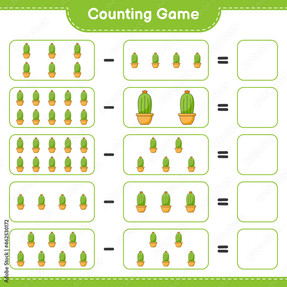 Counting game, count the number of Cactus and write the result. Educational children game, printable worksheet, vector illustration