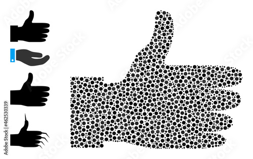 Round dot collage hand palm. Vector mosaic is based on hand palm icon, and formed with randomized circle items. Vector icon of hand palm formed with randomized circle items.