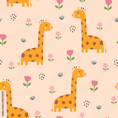 Giraffe with flowers Seamless pattern cute cartoon animal background hand drawn in kid style The design used for Print, wallpaper, decoration, fabric, textile Vector illustration