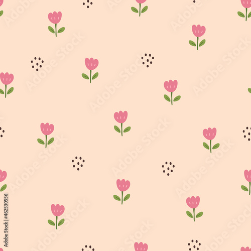 Seamless pattern small flower background randomly placed on pink background hand drawn design in cartoon style Used for prints, wallpapers, fabrics, textiles Vector illustration.
