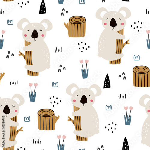 Cartoon animal background for kids a koala perched on a branch hand drawn seamless vector pattern in children's style Used for printing, wallpaper, decoration, fabric, textile.