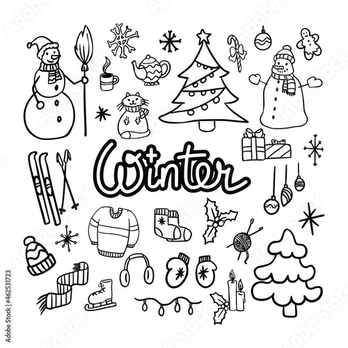 Winter doodle set. Hand drawn sketches of snowflakes, snowman, fir trees, socks, Christmas decoration, gift boxes, sweater, scarf etc. Black and white vector objects on isolated background.