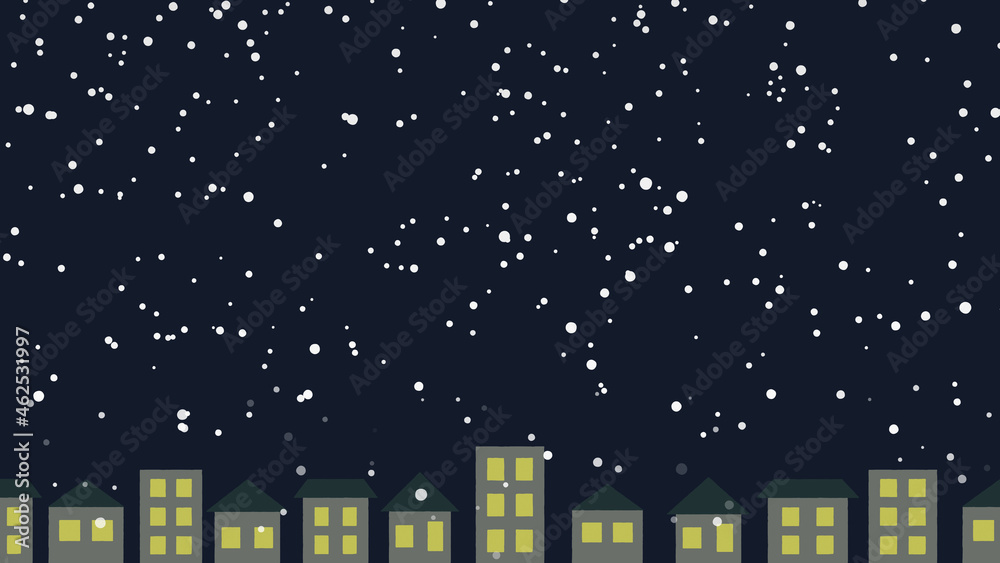 Winter illustration background with snowfall in the night town