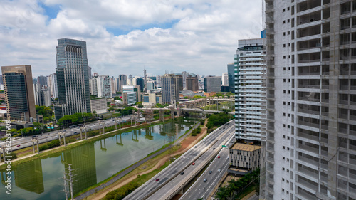Aerial view in Marginal Pinheiros, São Paulo, Brazil. Business center. Financial Center.  © Pedro