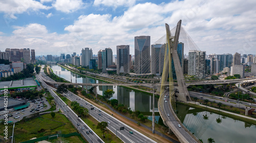 Estaiada's bridge aerial view in Marginal Pinheiros, São Paulo, Brazil. Business center. Financial Center. Famous cable stayed (Ponte Estaiada) bridge