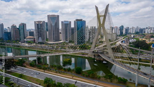 Estaiada s bridge aerial view in Marginal Pinheiros  S  o Paulo  Brazil. Business center. Financial Center. Famous cable stayed  Ponte Estaiada  bridge