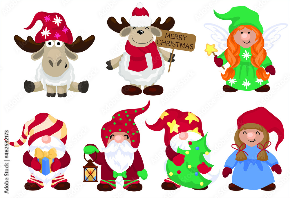 Fototapeta premium Cute Little Christmas Gnome Vector Illustration Set, Scandinavian Nordic Gnome, Cute Christmas Santa Gnome Elf. Nordic element design for greeting cards, season greetings, web. Cute santa reindeer