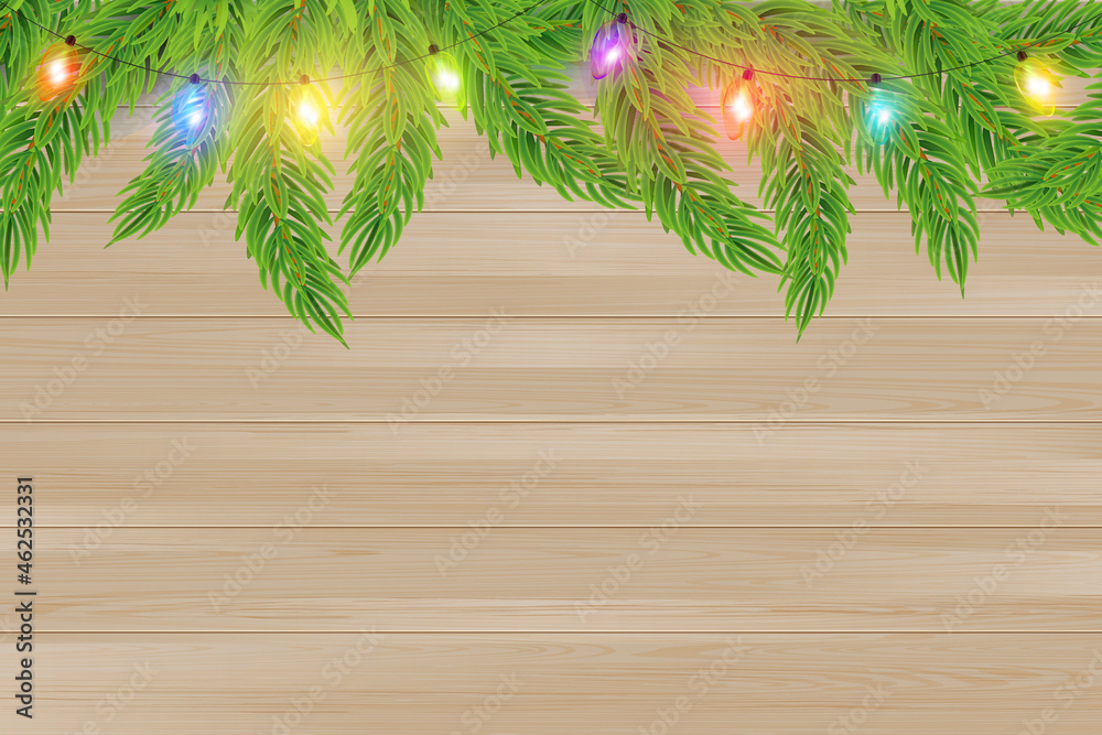 Christmas or New Year garland string with fir branches on brown wooden background. Vector poster for winter holidays Christmas or New Year garland string with fir branches on brown wooden background. Vector poster for winter holidays