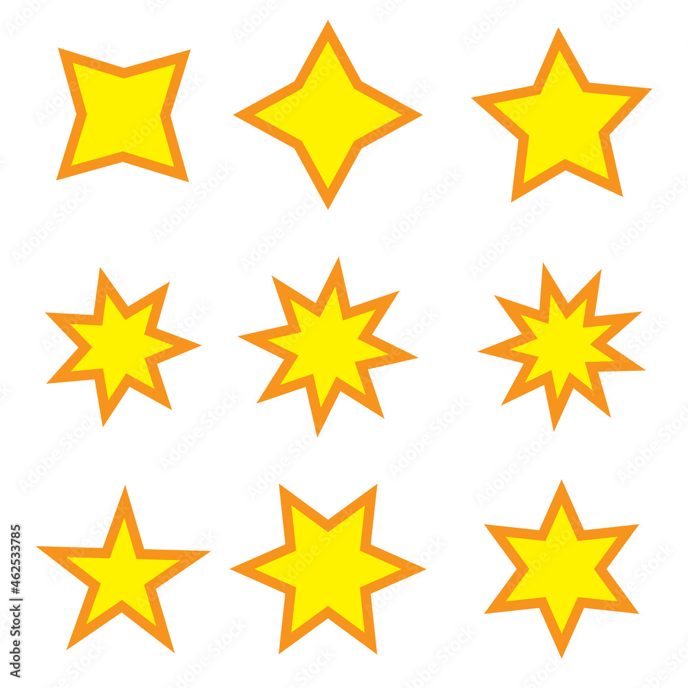 Stars in orange frames icon set. Quality design element. Abstract art collection. Vector illustration. Stock image. EPS 10. Stars in orange frames icon set. Quality design element. Abstract art collection. Vector illustration. Stock image. EPS 10.