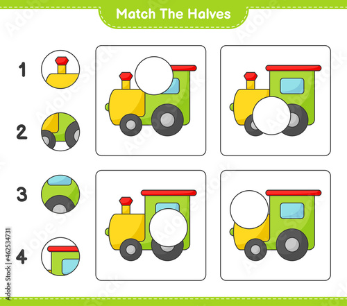Match the halves. Match halves of Train. Educational children game, printable worksheet, vector illustration