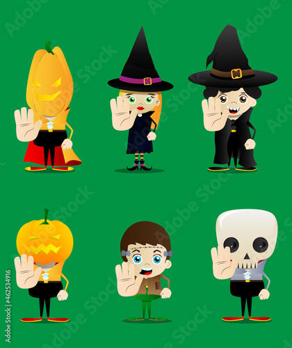 Kids dressed for Halloween showing deny or refuse hand gesture. Vector cartoon character illustration of kids ready to Trick or Treat.
