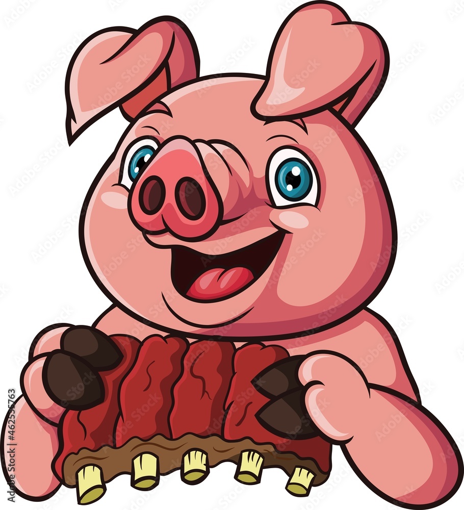 Cartoon pig holding meat ribs - obrazy, fototapety, plakaty 
