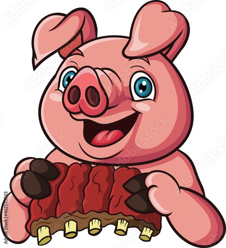 Cartoon pig holding meat ribs