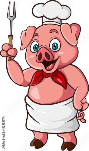 Cartoon pig chef holding a fork