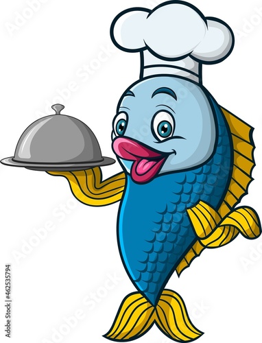 Cartoon chef fish holding a tray