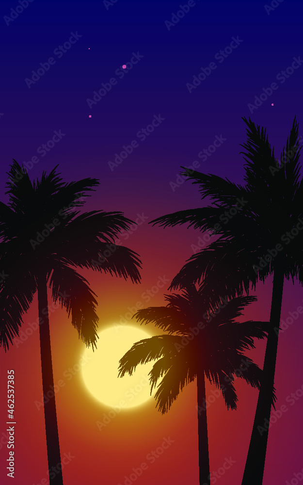 Tropical background with palm trees at sunset