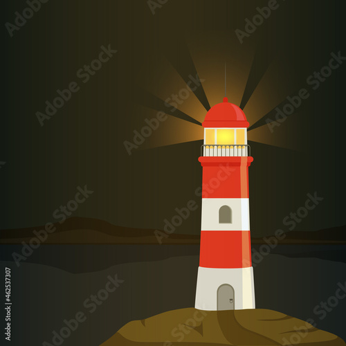 Vector illustration of a lighthouse at night.