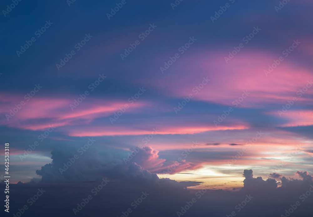 Fantastic colorful sunset sky. Dramatic and wonderful cloud on twilight, Majestic dark blue sky nature background, Colorful cloud on summer season, Copy space, Selective focus.